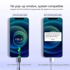 Comparison of MFi-certified Type C to iPhone cable versus non-certified cable showing compatibility and no pop-up window issues
