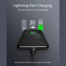 Lightning-fast charging demonstration showing 50 percent battery charge in 30 minutes using a Type C to iPhone cable with Power Delivery compatibility
