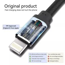 MFi-certified Type C to iPhone cable showcasing original Apple IC chip for safe charging with overvoltage protection and automatic chip recognition