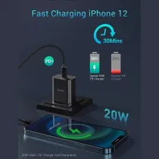 Packaged Type C to iPhone charger cable, ready for retail, displaying product features and specifications