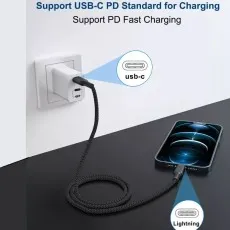 Braided Type C to iPhone cable demonstrating 3X durability with a bend lifespan of 15000+