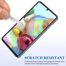 Scratch-resistant screen protector for Samsung Galaxy A71, featuring dual coating technology to prevent scratches from keys and other objects.