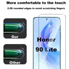 Tempered glass screen protector for Honor 90 Lite with 2.5D rounded edges, ultra-smooth touch, scratch resistance, and easy bubble-free installation.