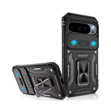 Black Shockproof Ring Armour Stand Case for Google Pixel 8 with sliding camera cover and built-in kickstand