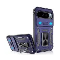 Blue Shockproof Ring Armour Stand Case for Google Pixel 8 featuring durable design, sliding camera cover, and kickstand functionality