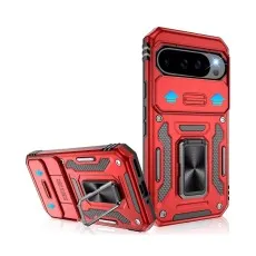 Red Shockproof Ring Armour Stand Case for Google Pixel 8 devices, highlighting sliding camera cover and built-in kickstand functionality