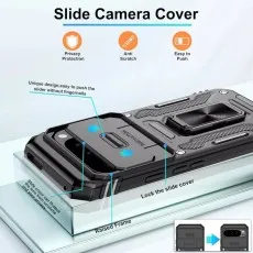 Close-up of the sliding camera cover on the Shockproof Ring Armour Case, emphasizing privacy protection, anti-scratch features, and raised frame design