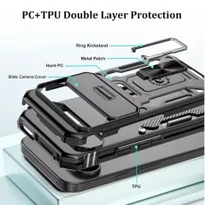Exploded view of the Shockproof Ring Armour Case construction with PC and TPU double-layer protection, ring kickstand, metal patch, and sliding camera cover