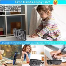 Shockproof Ring Armour Case with upgraded adjustable kickstand shown in various scenarios, including desk, kitchen, and hands-free use