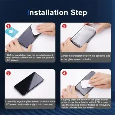 Four steps to install a screen protector clean screen, peel protector layer, align and apply, remove bubbles.
