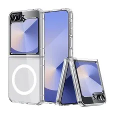 Clear shockproof magnetic case for Samsung Galaxy Z Flip 4 showcasing full phone coverage