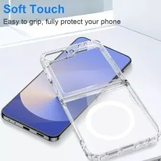 Samsung Galaxy Z Flip clear case with magnetic ring, demonstrating MagSafe compatibility