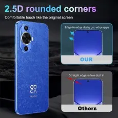 Blue Huawei Nova 12s phone case with 2.5D rounded corners and edge-to-edge design compared to cases with straight edges that allow dust in.