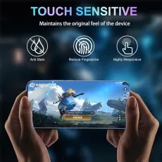 Hands holding an Huawei Nova 12 displaying a mobile game, highlighting the screen protector's touch sensitivity, anti-stain, fingerprint reduction, and high responsiveness.