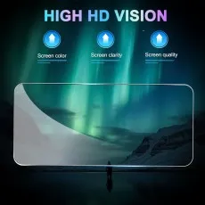 Screen protector promoting high HD vision with enhanced screen color, clarity, and quality, shown over an image of the aurora borealis.