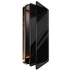 Two black privacy tempered glass screen protectors next to iPhone mobile