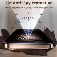 iPhone 16 Pro privacy screen protector with a 23-degree viewing angle, showing a darkened screen from the sides