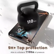iPhone 16 Pro Max screen protector with 9H+ protection, withstanding 110 lbs of pressure from a kettlebell on the screen displaying.