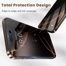 iPhone 16 Pro with privacy screen protector, edge-to-edge coverage. Shows 900 and Friday, September.