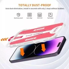 Magic Box tempered glass screen protector for iPhone, showing a two-step, dust-proof, auto-aligning, auto-sealing, and fast installation process.