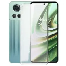 Protect your OnePlus 10R 150W vibrant Never Settle display with this crystal-clear screen protector, shown beside the sleek phone.