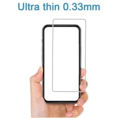 A hand holding a smartphone with an ultra-thin 0.33mm tempered glass screen protector overlay.