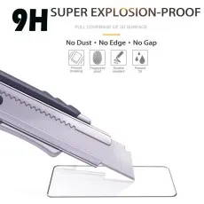 9H explosion-proof screen protector being scratched by a blade, highlighting its resistance and other features.
