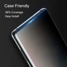 Close-up of a phone screen with a screen protector, highlighting its case-friendly design with 98% coverage and easy installation.