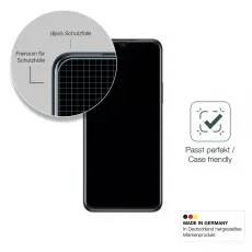 dipos screen protector. Case friendly design with space for phone cases. Made in Germany