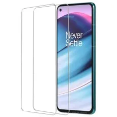 2 Tempered glass screen protectors for OnePlus 9 Pro smartphone, shown alongside the device displaying the Never Settle slogan on its screen