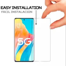 Easy installation Oppo screen protector being applied to a phone displaying 1930 and 5G
