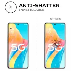 Oppo A1 Pro with anti-shatter screen protector (left) vs. shattered others screen (right). Both display 1930 and 5G