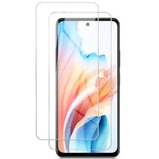 Two clear screen protectors next to an Oppo F25 Pro phone displaying a colorful abstract wallpaper.