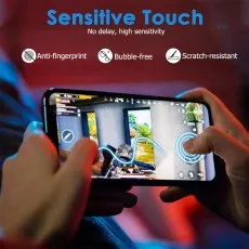 Screen protector shown on a phone being used for gaming, highlighting sensitive touch, anti-fingerprint, bubble-free, and scratch-resistant qualities