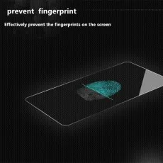 Screen protector effectively preventing fingerprints, shown with a clear surface and a highlighted fingerprint disappearing.
