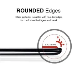 Rounded edges on a glass screen protector shown with a 2.5D curved detail for finger and hand comfort