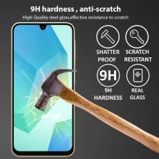 9H hard, anti-scratch, shatterproof real glass screen protector being hit by a hammer on a phone