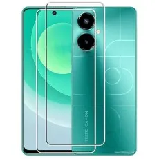 Two clear screen protectors next to a teal Tecno Camon 19 smartphone, showing its dual rear cameras