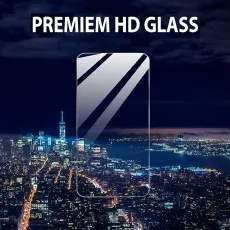Premium HD glass screen protector shown against a sparkling night cityscape.