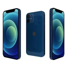 Three views of the Apple iPhone 12 64GB Unlocked Renewed in Blue, displaying the front and back design