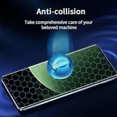 Anti-collision screen protector with a honeycomb layer, shown absorbing the impact of a falling metal ball.