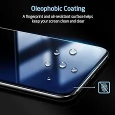 Oleophobic coating on a screen protector water droplets bead on the surface, resisting fingerprints and oil for a clean screen.