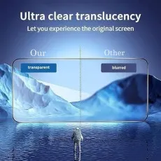 Ultra-clear screen protector (Our) showing a transparent view of a landscape, compared to a blurred view with Other protectors