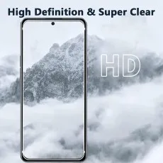 High Definition & Super Clear screen protector shown on a Samsung Galaxy S8 displaying a crisp mountain landscape.
