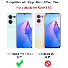 Screen protector compatible with Oppo Reno 8 ProPro+ (6.7), NOT Reno 8 5G (6.4). Shows phone sizes.