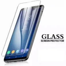 Glass screen protector on a Samsung phone displaying weather and apps