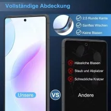 Realme V50s protector (Unsere) full coverage vs. other with bubbles, scratches.