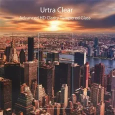 Ultra-clear, advanced HD clarity tempered glass screen protector shown over a cityscape, possibly New York City at sunset