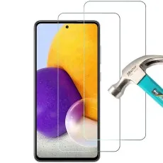 Samsung A72 screen protectors 2-pack with hammer, showing strong tempered glass
