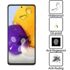 Screen protector features waterproof, oil-proof, anti-fingerprint, anti-fouling on a smartphone (likely Samsung Galaxy A72